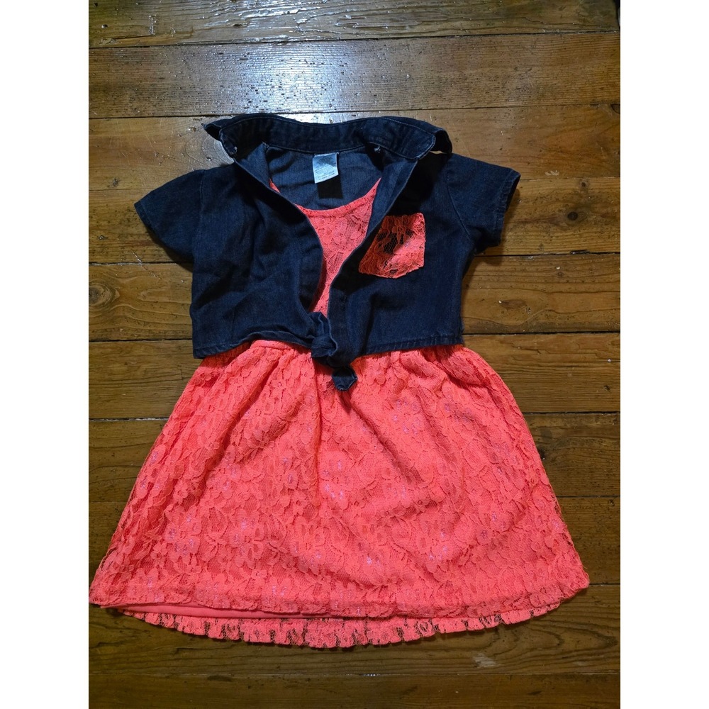 Swiggles Girls 2T Coral Lace Denim Tie Front Dress Short Sleeve One Piece Outfit